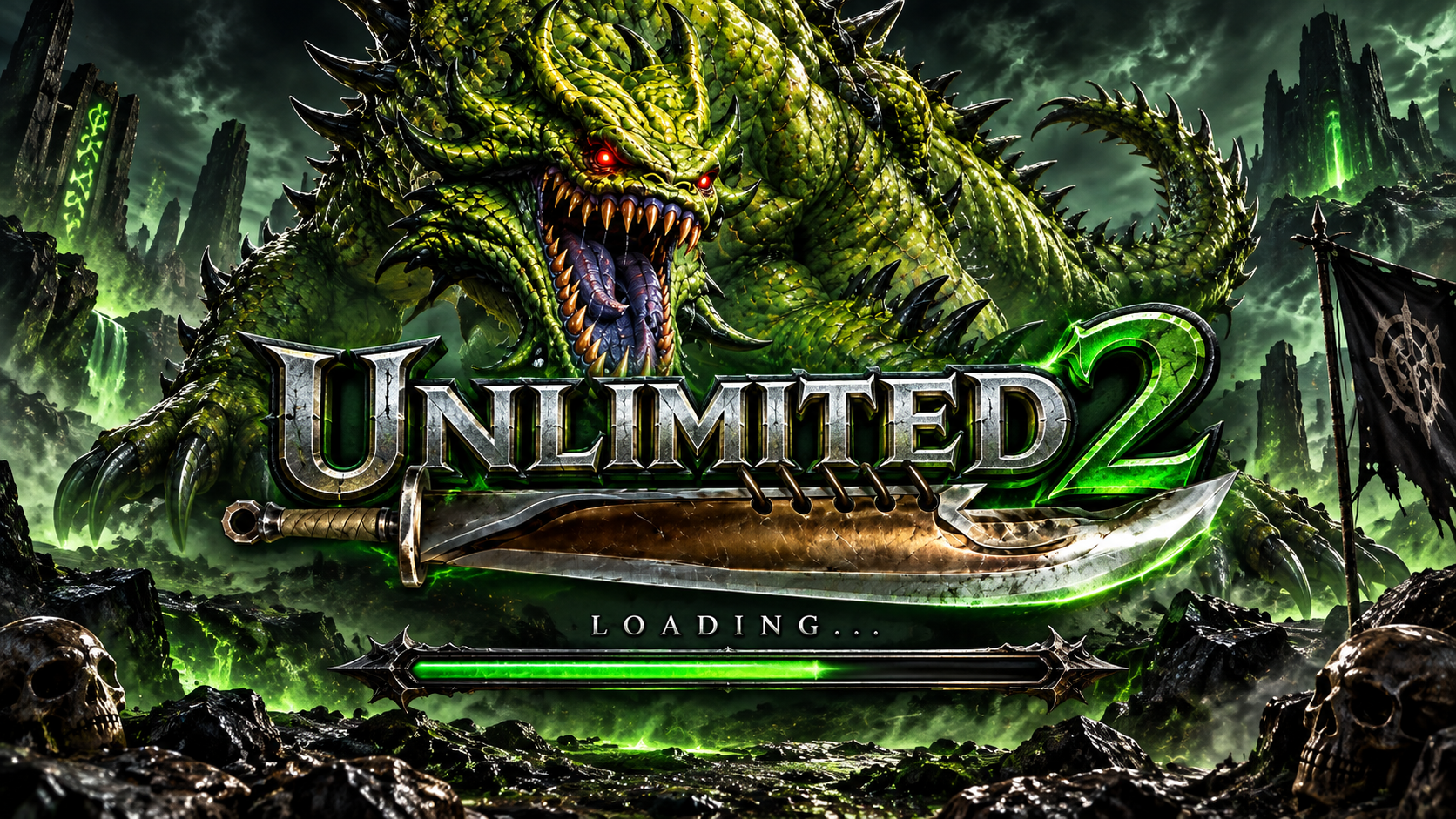 Unlimited2 – grüner Drache, Fantasy-Logo und leuchtender Ladebalken